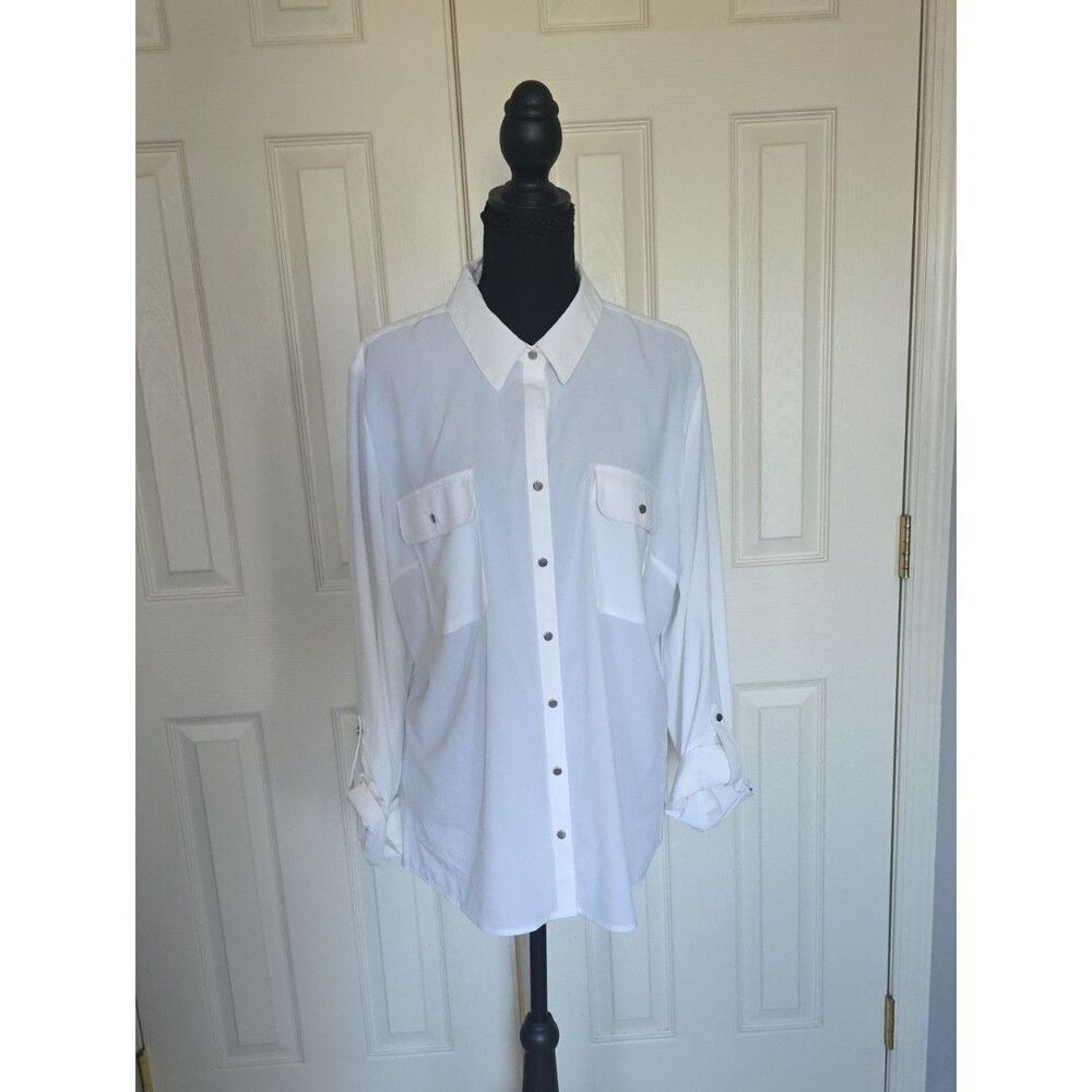Women's White Casual Button-Down Shirt with Chest Pockets